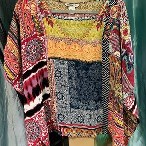 Desigual Blue and Gray Graphic Blouse with Flutter Sleeves